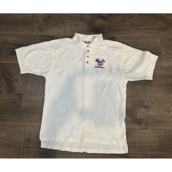 VTG Walt Disney World Mickey Ears Polo Shirt White Textured USA Men’s Small - Picture 1 of 8